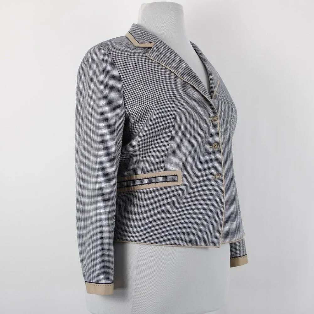 Carlisle Sz 16 Navy Blue White Brown Faux Pockets Lined Silk Wool Cotton Jacket - Picture 6 of 12